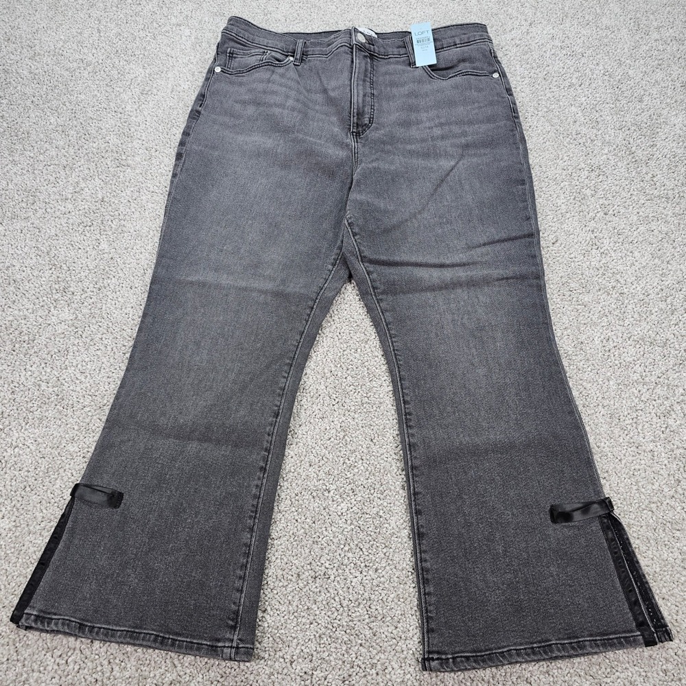 New Loft Kick Crop Jeans Womens 14P 32 Petite Black Gray‎ Bow Hem Slit High Rise